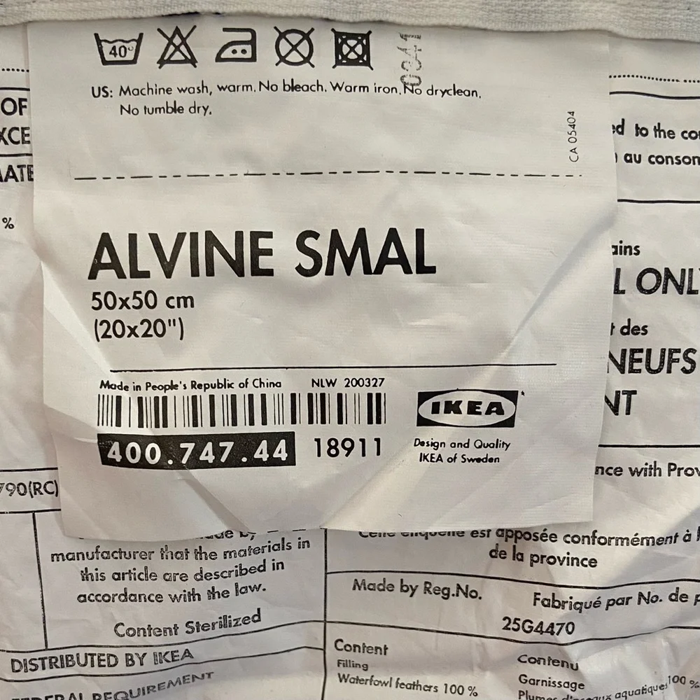 IKEA ALVINE SMAL Ticking Striped Down Pillow Removable Cover Machine Wash 20”
